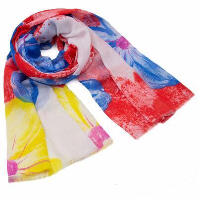 Classic women's scarf - red and blue with flowers - 1