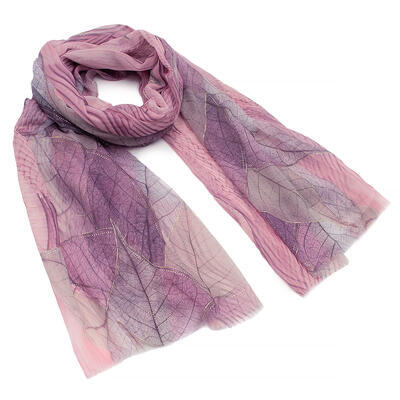 Classic women's scarf - pink and grey with leaves - 1