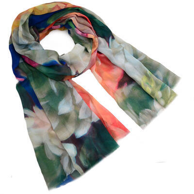 Classic women's scarf - blue with flowers - 1