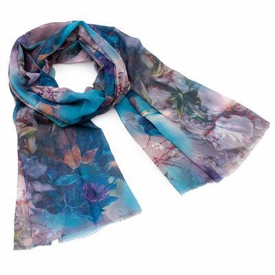 Classic women's scarf - blue and violet with flowers - 1