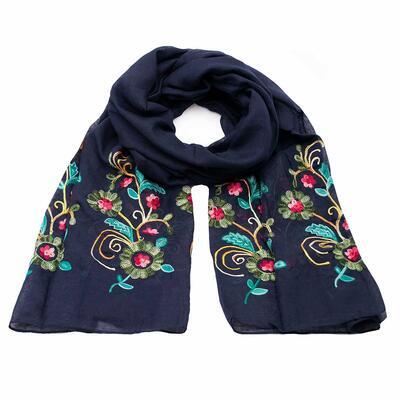 Classic women's scarf - dark blue with flowers