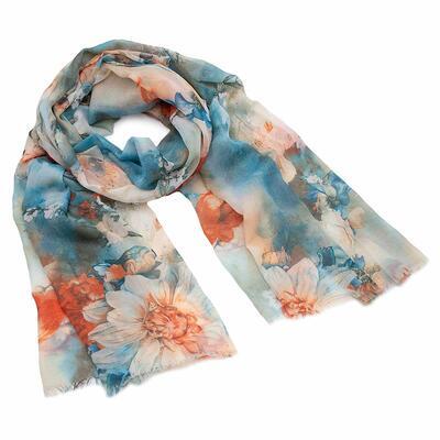 Classic women's scarf - turquoise and beige with flowers - 1