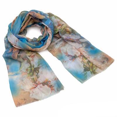 Classic women's scarf - turquoise and brown with flowers - 1