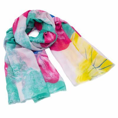 Classic women's scarf - green and fuchsia with flowers - 1
