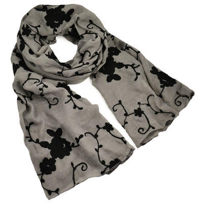 Classic women's scarf - grey with flowers - 1
