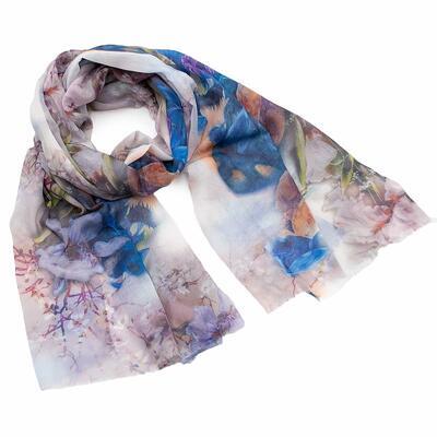 Classic women's scarf - white and blue with flowers - 1