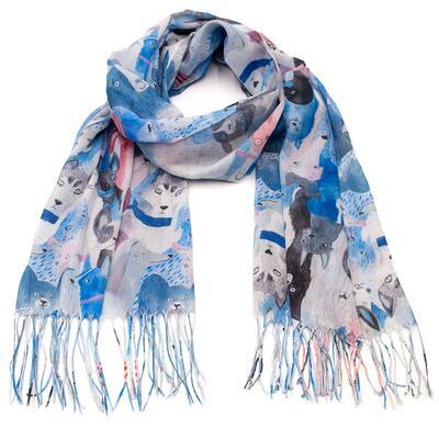 Classic women's scarf - blue and white with dogs - 1