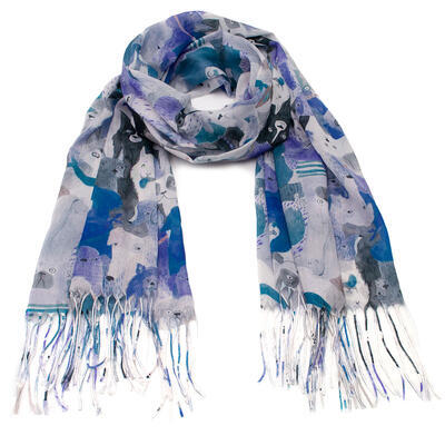 Classic women's scarf - blue and grey with dogs - 1