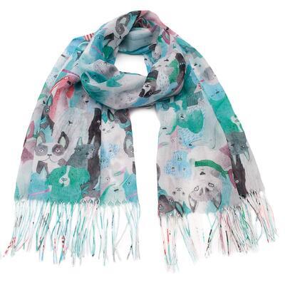 Classic women's scarf - green and white with dogs - 1