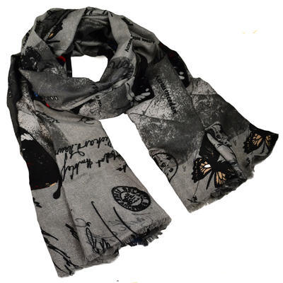 Classic women's cotton scarf - grey with flowers - 1