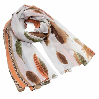 Classic women's scarf - white and orange with multicolor print - 1