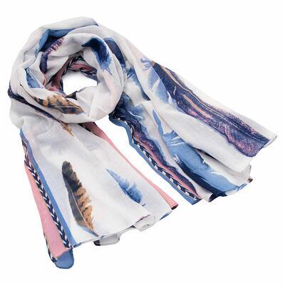 Classic women's scarf - white and blue with multicolor print - 1