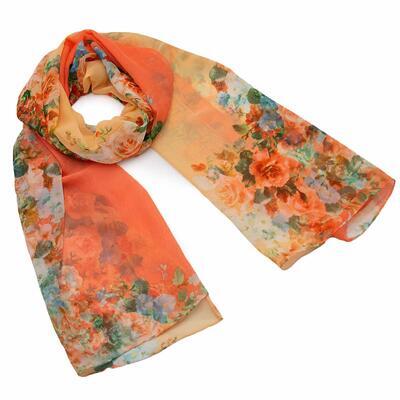 Classic women's scarf - orange with floral print - 1