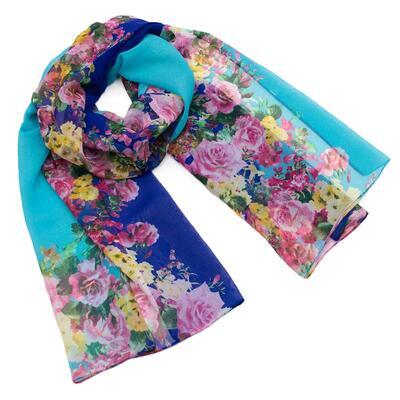 Classic women's scarf - blue and turquoise with floral print - 1