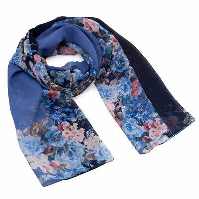 Classic women's scarf - blue with floral print - 1