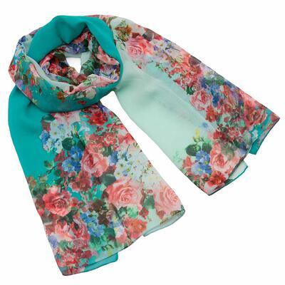 Classic women's scarf - menthol green with floral print - 1