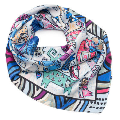 Square scarf - white and blue with cats - 1