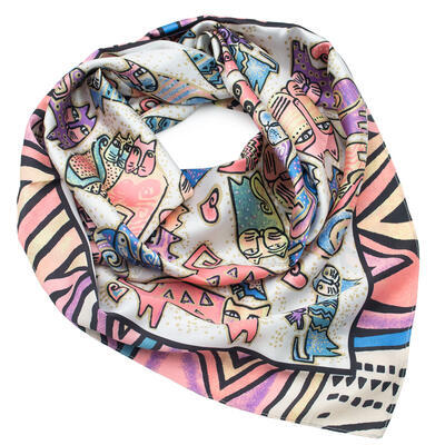 Square scarf - white and lilac with cats - 1
