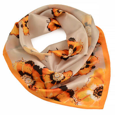 Small neckerchief - beige and orange with floral print - 1