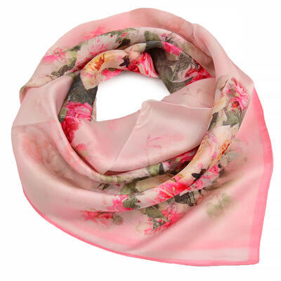 Small square scarf- pink  with floral print - 1