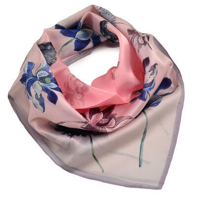 Small square scarf- pink with floral print - 1