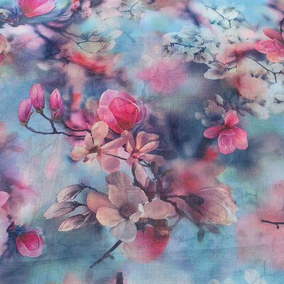 Classic women's scarf - blue and pink with floral print - 2