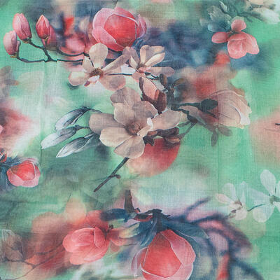 Classic women's scarf - green and red with floral print - 2