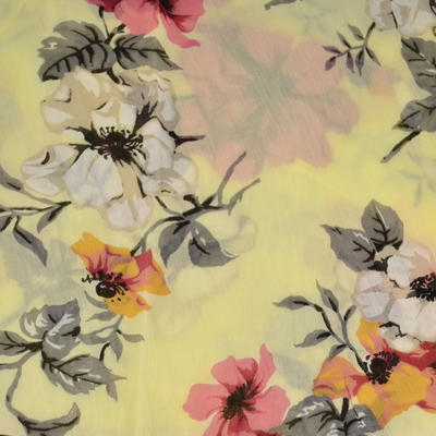 Classic women's cotton scarf - yellow with flowers - 2