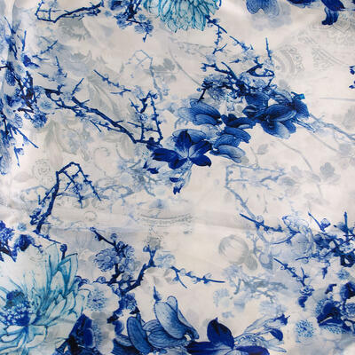 Classic women's scarf - white and blue with floral print - 2