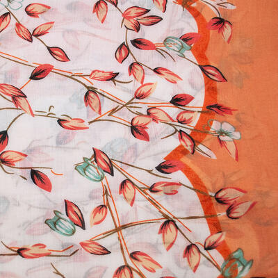 Classic women's scarf - orange and white with flowers - 2