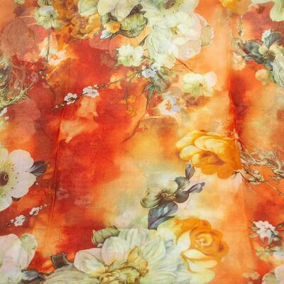 Classic women's scarf - red and orange with flowers - 2