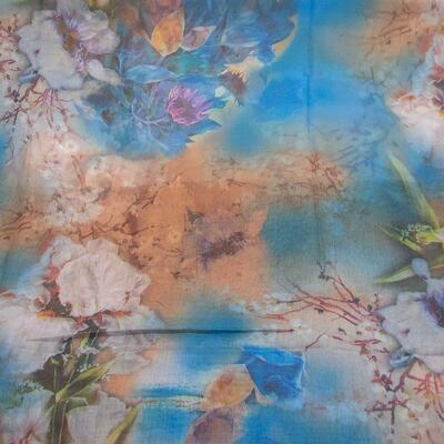Classic women's scarf - turquoise and brown with flowers - 2