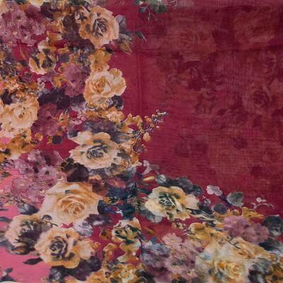 Classic women's scarf - dark red with floral print - 2