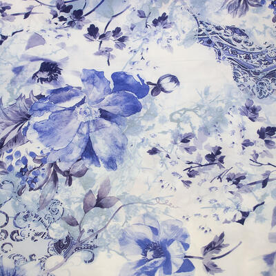 Classic women's scarf - white and blue with floral print - 3